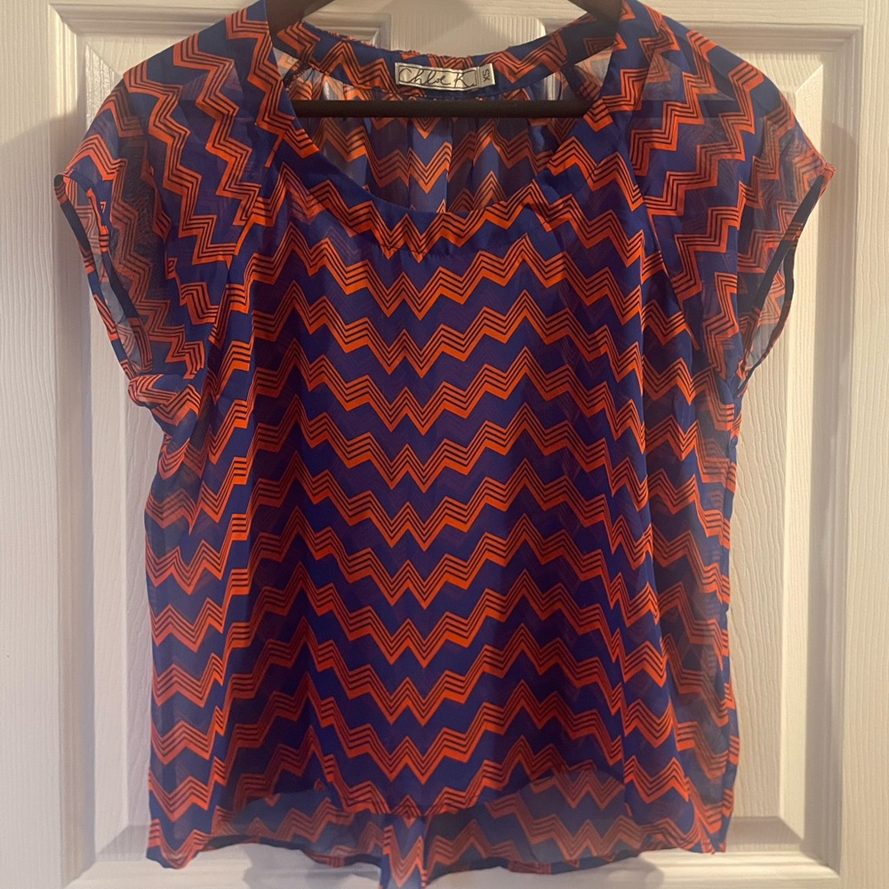 Chloe K Blue and Orange Chevron Blouse Sheer Size XS